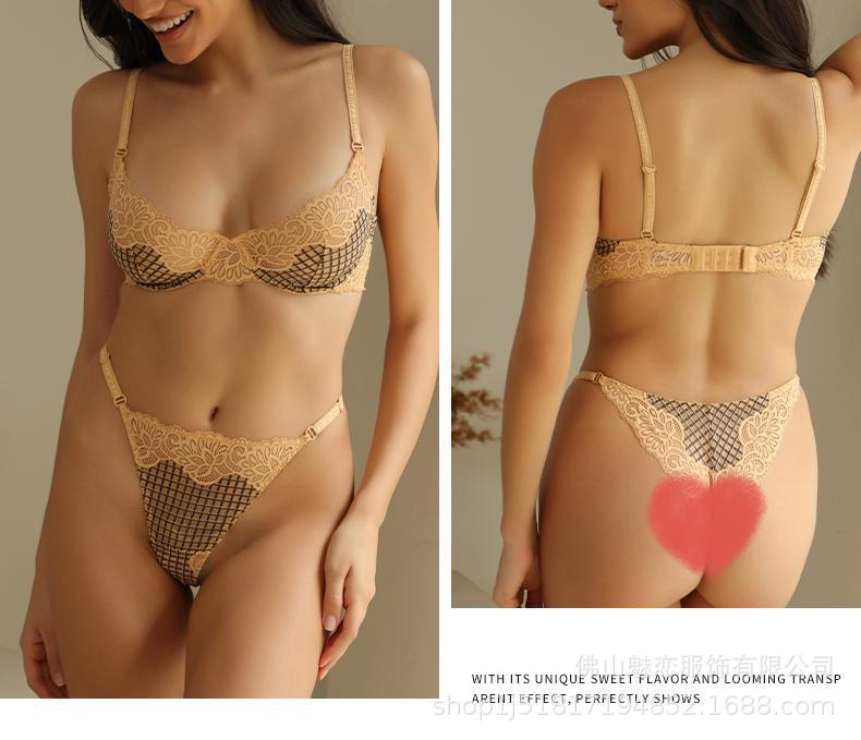 Cross-Border European and American Style French Lingerie Sexy See-Through Mesh Lace Plaid Large Bust Minimizer Push-Up Bra Set
