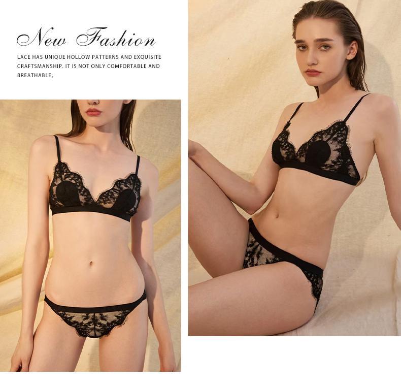 Cross-Border European and American Style Sexy Lingerie Thin Cotton Eyelash Lace Large Bust Minimizer Wireless Triangle Cup Bra Set