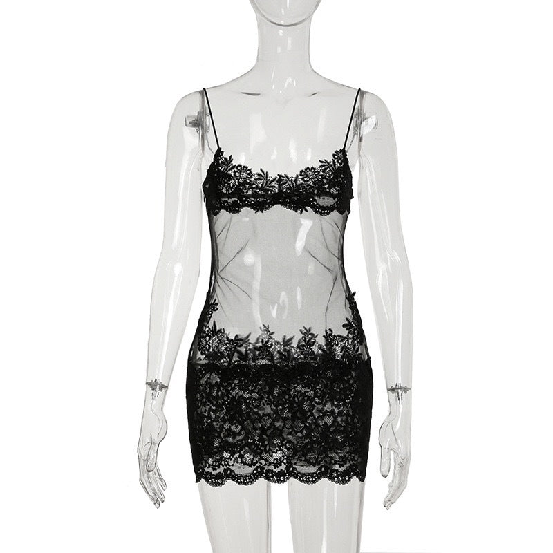 European and American Cross-Border Sexy Mesh Lace See-Through Camisole Dress V High Collar Waist Slim Fit Bodycon Skirt Hot Girl Short Skirt