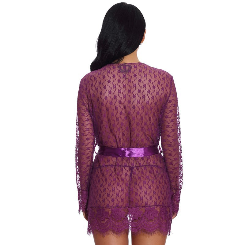 Autumn New Cross-Border Sexy Lingerie Temptation Mesh Nightdress Lace Transparent Women's Long Dress Homewear
