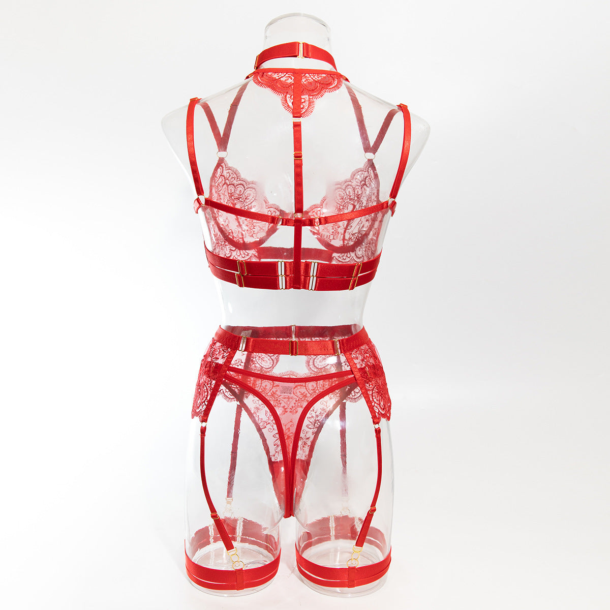 Foreign Trade High-Quality Sexy Lingerie Embroidered Eyelash Edge Large Bust Minimizer Sexy See-Through Front Open Four-Piece Set
