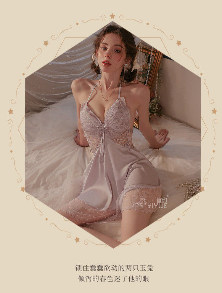 Yiyue Sexy Satin Nightdress Pure Desire Homewear with Chest Pads Bare Back Erotic Lingerie Uniform Pajama Set1125
