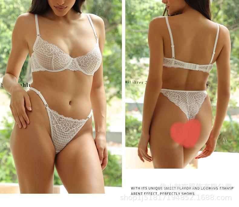 Cross-Border European and American Style French Lingerie Sexy See-Through Mesh Lace Plaid Large Bust Minimizer Push-Up Bra Set