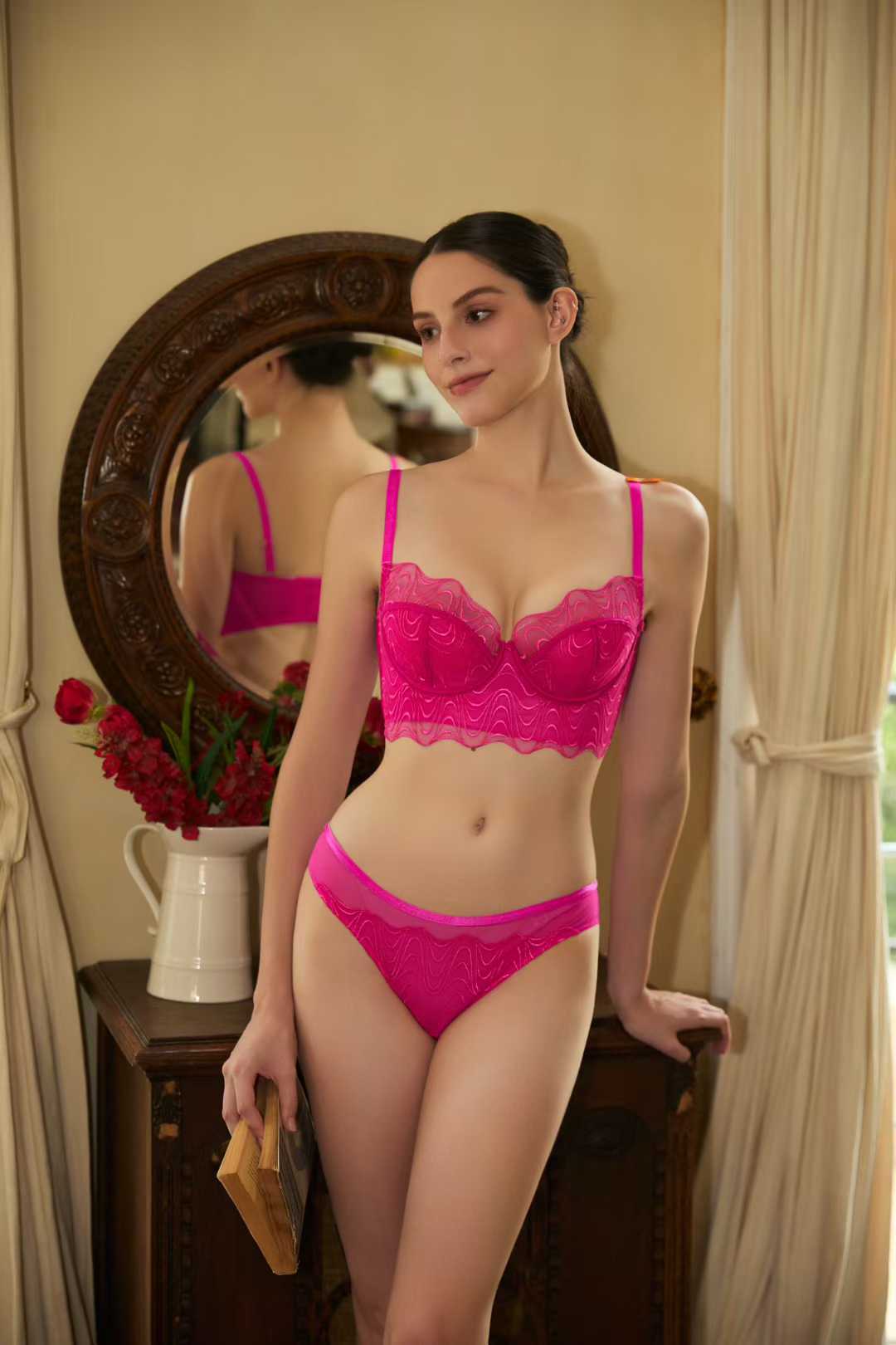 Cross-Border Plus Size Lace Lingerie French Style Pure Desire Sexy Mesh Ultra-Thin Large Bust Minimizer Bra Set Sexy Bra