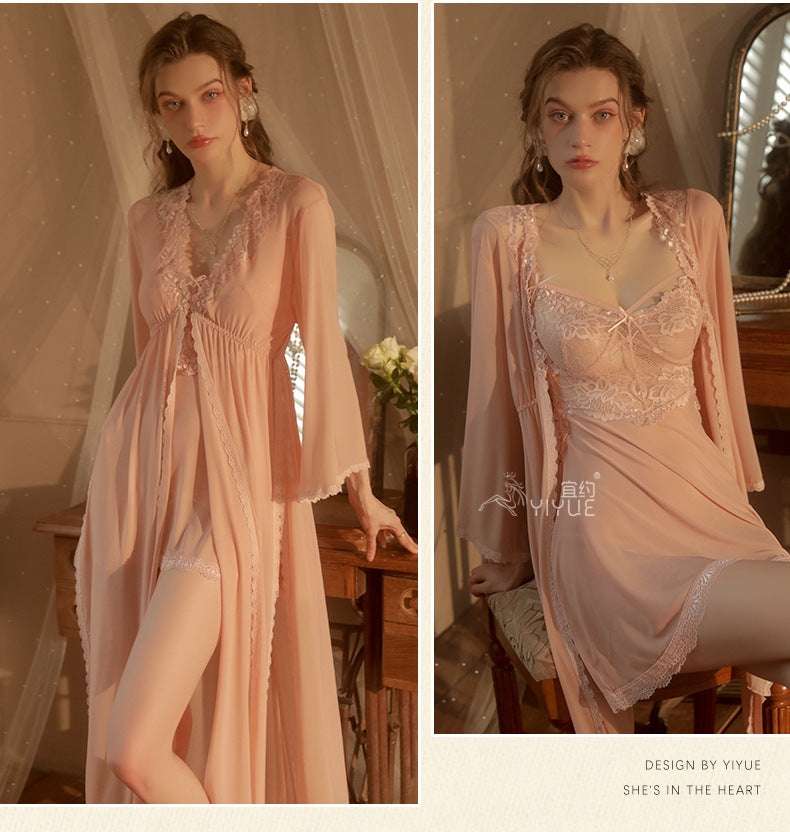 Yiyue Sexy Lingerie Sexy Strap Lace Temptation Nightdress Hot See-through Mesh Plus Size Nightgown Set8449