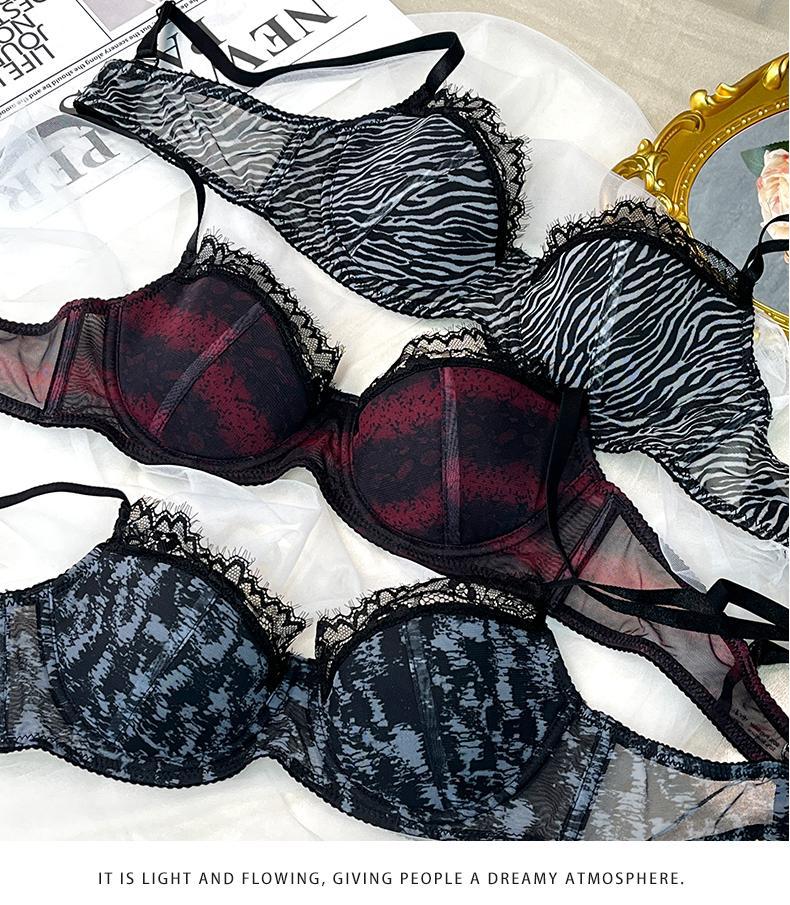 Cross-Border European and American Style Sexy Lingerie for Women Lace Leopard Mesh See-Through Large Bust Minimizer Push-Up Bra Set