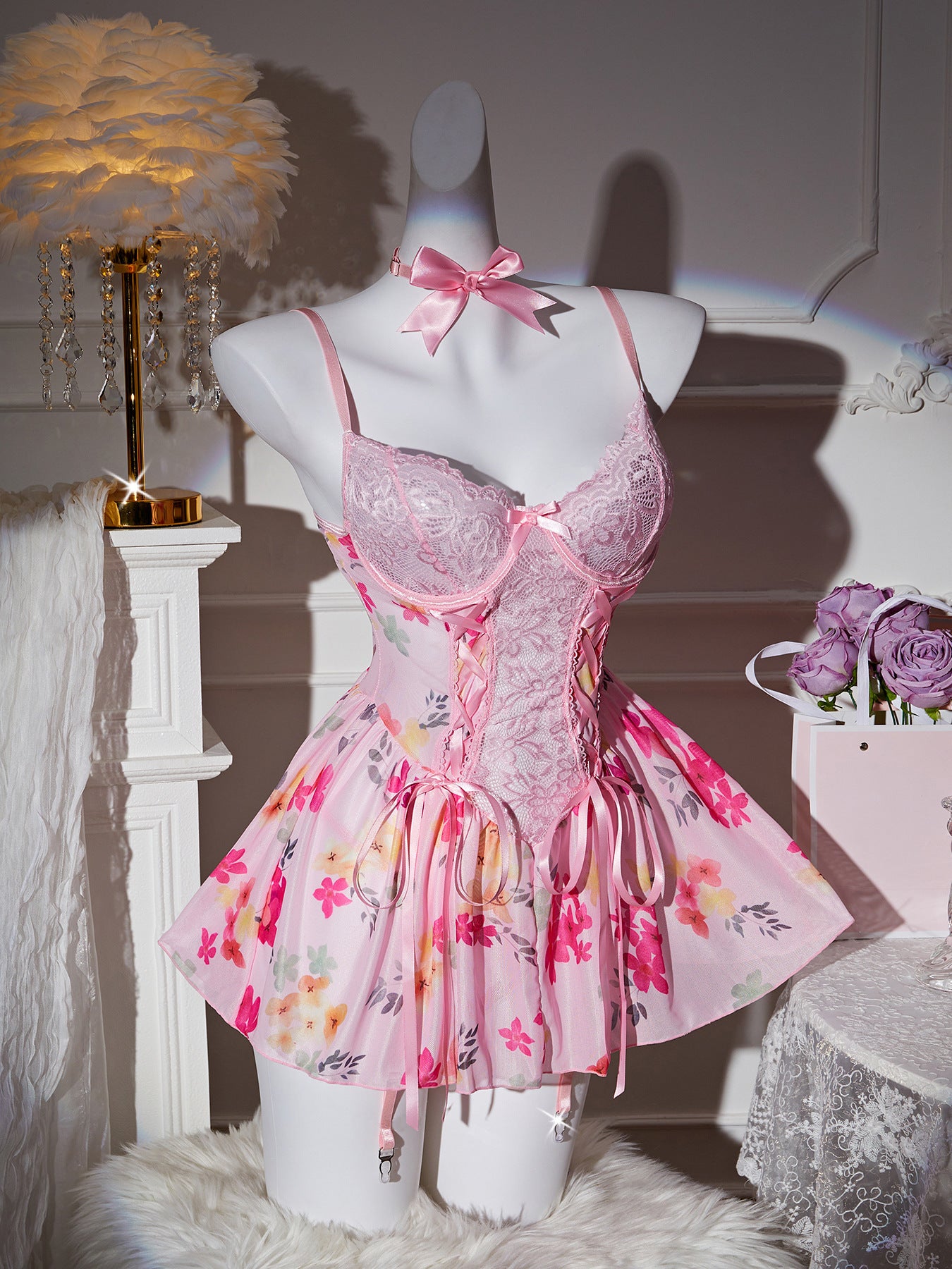 Amazon Cross-Border Sexy Lingerie Lace See-Through Temptation Hollow Floral Nightdress Sweet Girl Pajamas