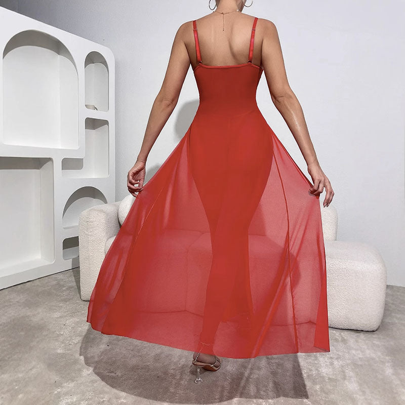 Sexy Red High-Slit Two-Piece Set with Steel Rings - No Chest Pad, Ins-Inspired Dress