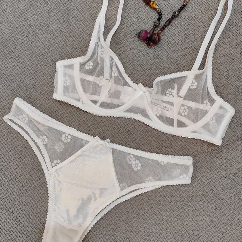 European and American Sexy Lingerie for Women, French Style Ultra-Thin Flocked Embroidered Lace Bra, Minimizing Large Bust, Anti-Sagging, Erotic Lingerie