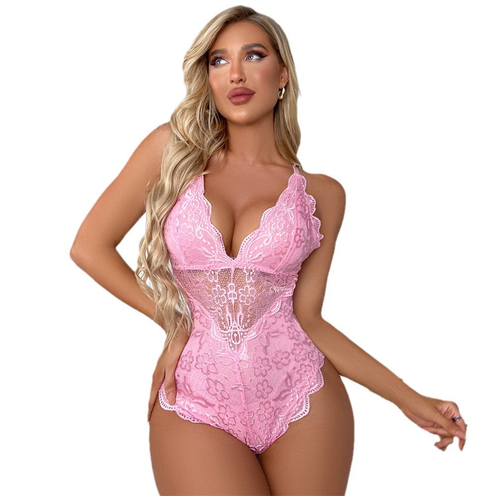 New Foreign Trade Sexy Lingerie Backless Temptation Strap Bodysuit Sexy Deep V Lace Pajamas Women's Home Clothes Set