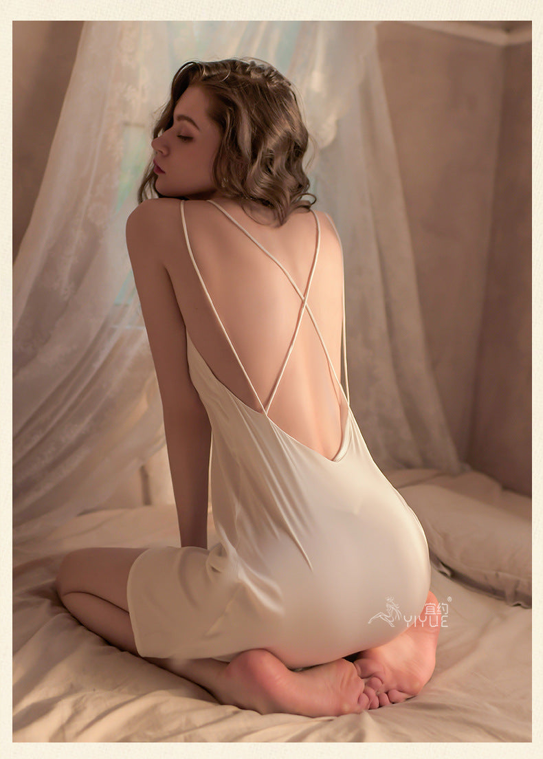 Yiyue Sexy Lingerie Sexy Ice Silk Strap Hollow Nightdress for Women Hot Passion Temptation Sleepwear Homewear8331