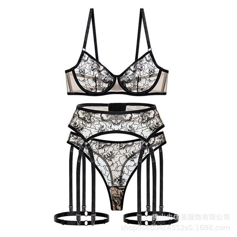 Cross-Border Hot-Selling Sexy Lingerie Set Sexy Lace See-Through Temptation Big Chest Minimizer Anti-Sagging Bra Three-Piece Set