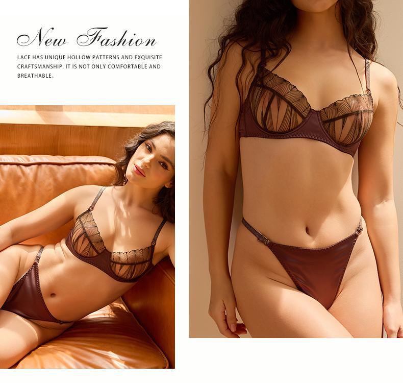 Cross-Border European and American Style Sexy Lingerie for Women Ultra-Thin See-Through Lace Patchwork Large Bust Minimizer Anti-Sagging Bra Set