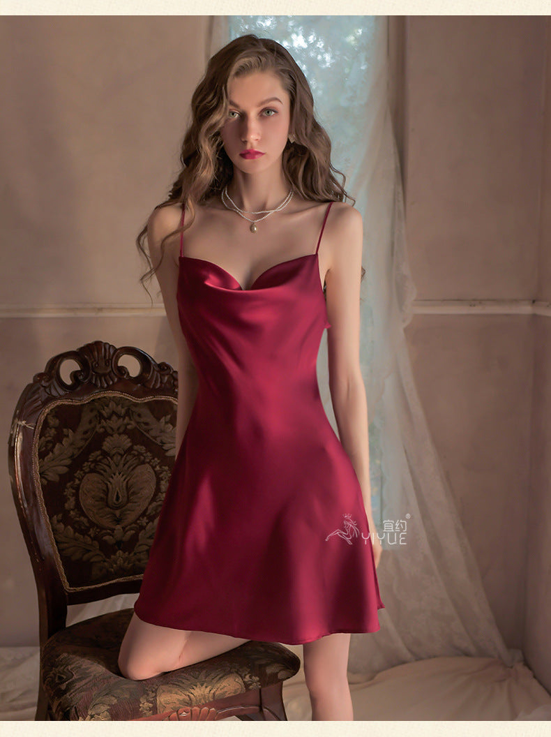 Yiyue New Sexy Nightdress for Women Hollow Out Satin Silky Homewear Erotic Lingerie Hot Strap Nightdress8358