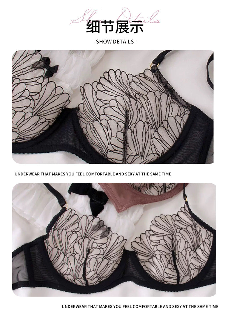 European and American French Style Sexy Lingerie for Women, Ultra-Thin Sheer Mesh, Large Bust Minimizer, Anti-Sagging Lace Bra Set