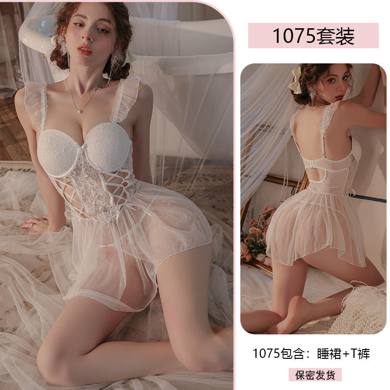 Yiyue Original Sexy Lace Temptation Push-Up Nightdress Pure Desire Erotic Lingerie Lace-Up Fishbone Corset Nightgown1075