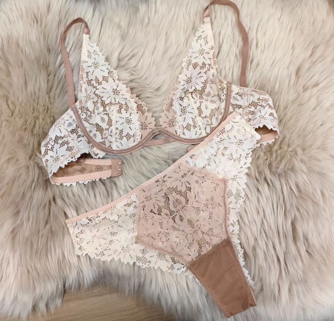 Cross-Border European and American Sexy Lingerie for Women French Style Ultra-Thin See-Through Lace Lingerie Big Chest Minimizer Anti-Sagging Bra Set