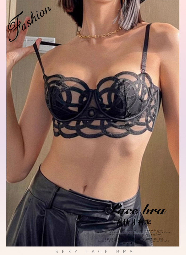 French Style Sexy Lingerie for Women, Thin Transparent Breathable Lace Bra, Minimizing Large Bust, Side Breast Collection, Push-Up Bra Set