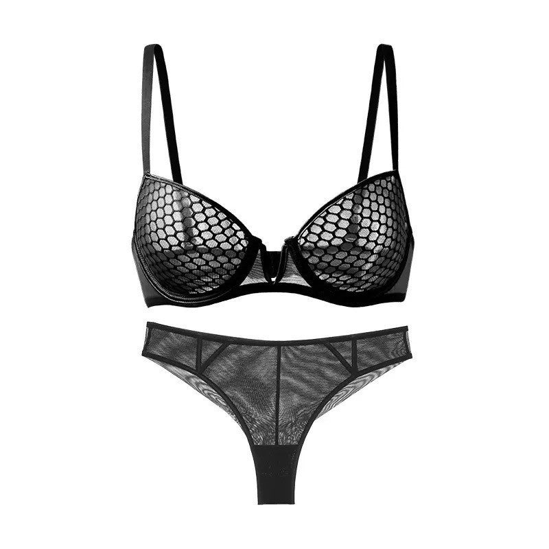 Cross-Border European and American Sexy Lingerie Set Ultra-Thin Honeycomb Pattern Soft Underwire Bra Large Bust Minimizer Anti-Sagging Bra for Women