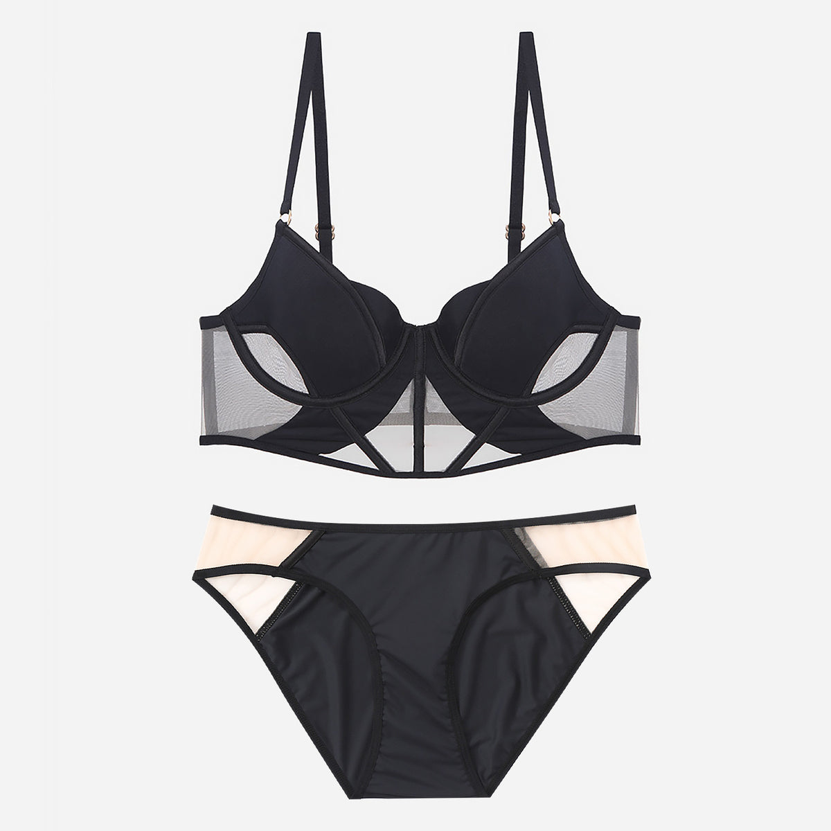 Cross-Border Sexy Lingerie for Women French Style Thin Cotton Smooth Mesh Fishbone Bra Set for Large Bust Minimizing Anti-Sagging Bra Set