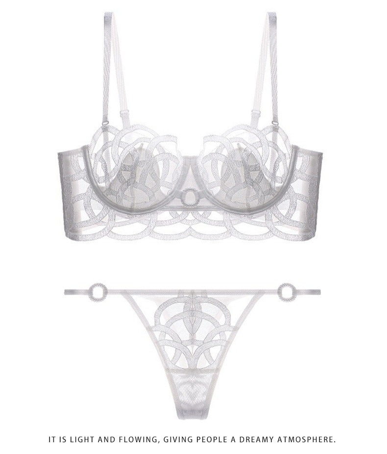 French Style Sexy Lingerie for Women, Thin Transparent Breathable Lace Bra, Minimizing Large Bust, Side Breast Collection, Push-Up Bra Set