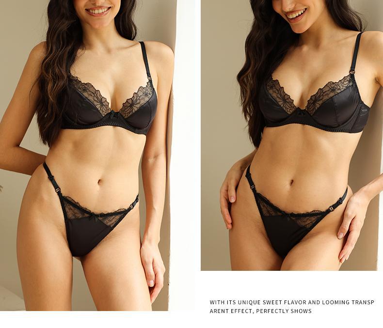 European and American Cross-Border Sexy Lingerie French Style Sexy Lace Bra Satin Color Large Bust Minimizer Push-Up Bra Set