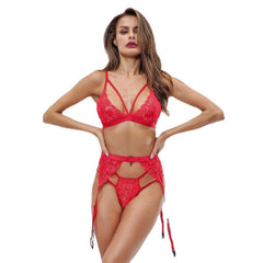 Sexy Women's Lace 3-Piece Lingerie Set - Push-Up Bra, Thong & Garter Belt | Sheer Floral Design