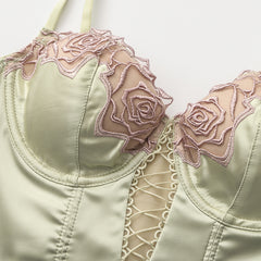 French Style Sexy Lingerie Summer Thin Retro Rose Fishbone Bra Vest Style Long Shaping Push-Up Bra