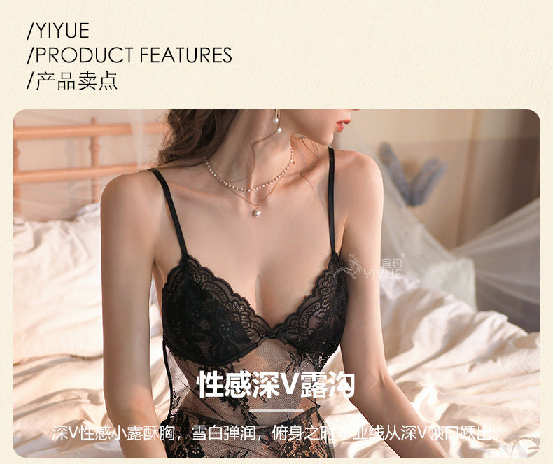 Yiyue Sexy Lingerie Lace Temptation Strap Nightdress Hot Hollow Out Plus Size Tie Nightgown Foreign Trade8448