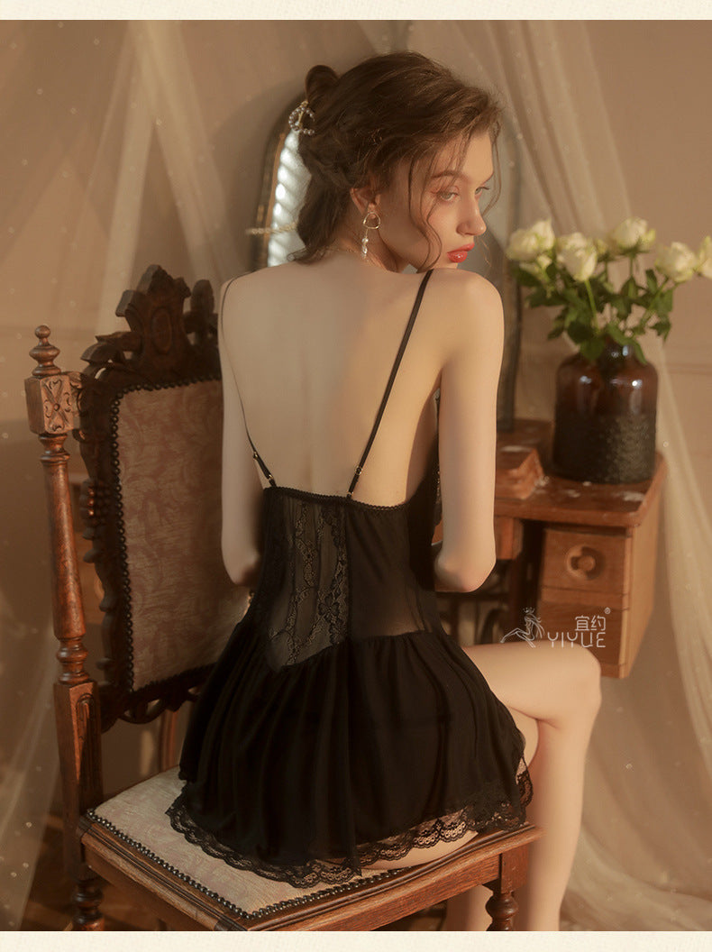 Yiyue Sexy Lingerie Sexy Strap Lace Temptation Nylon Mesh Thin Transparent Hot Hollow Nightdress8462