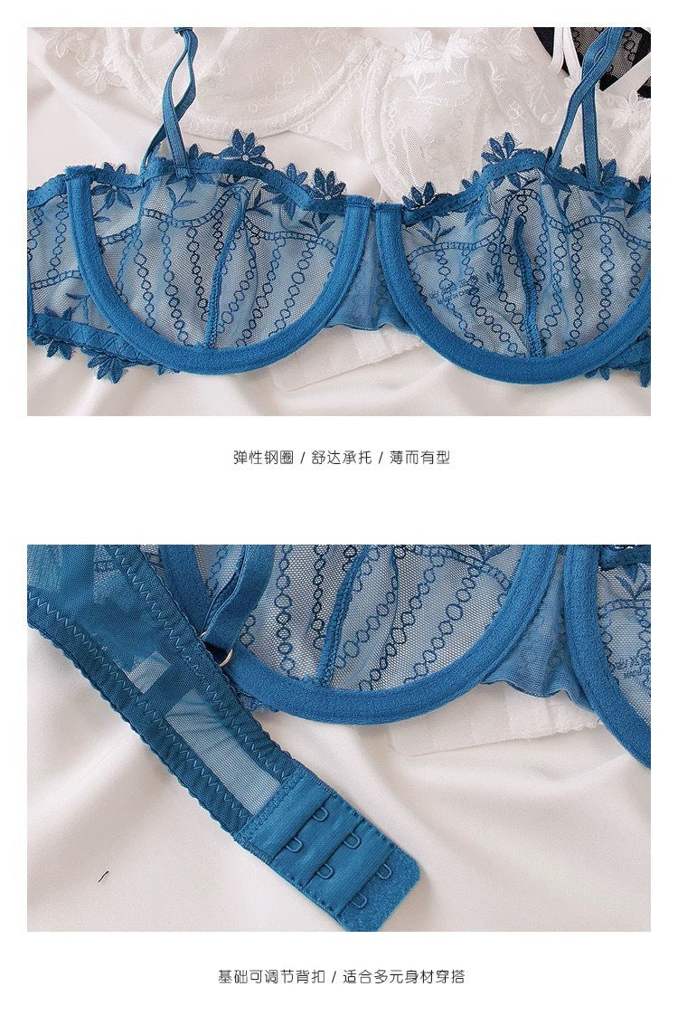 Cross-Border European and American Style French Lace Sexy Lingerie Ultra-Thin See-Through Half-Cup Embroidery Big Chest Minimizer Sexy Lingerie Set