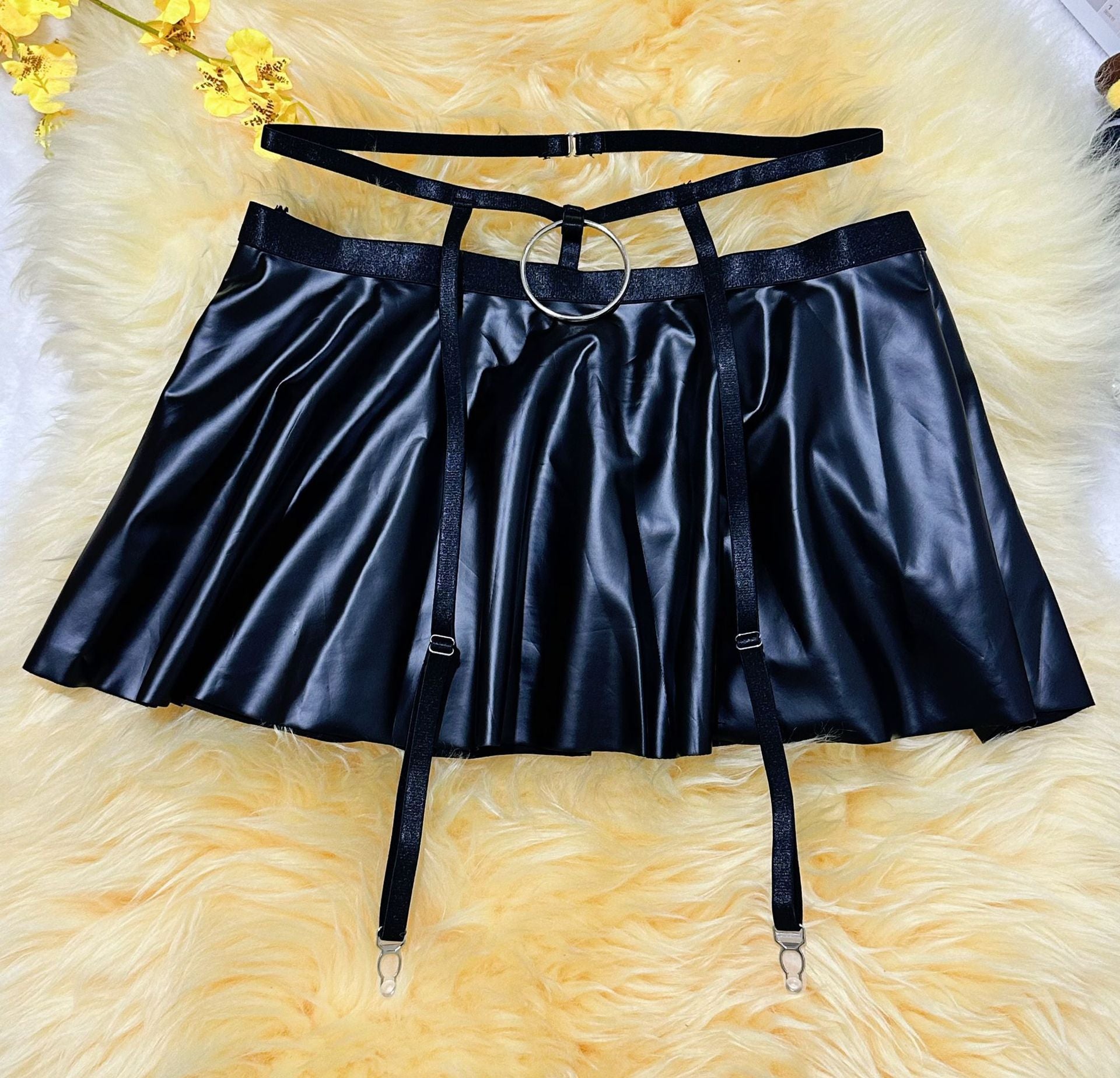 European and American AliExpress Hot-Selling Sexy Lingerie Solid Color Leather Skirt with Fishnet Stockings Tie-Up Push-Up Bra Set