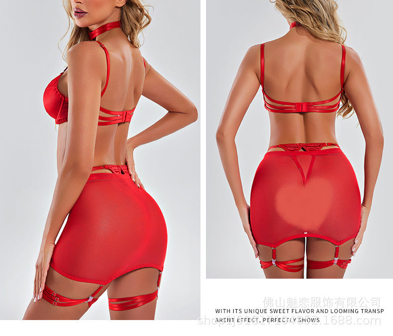 Amazon Foreign Trade Sexy Lingerie Women's Satin Patchwork Mesh See-through Bodycon Skirt Thong Five-piece Set