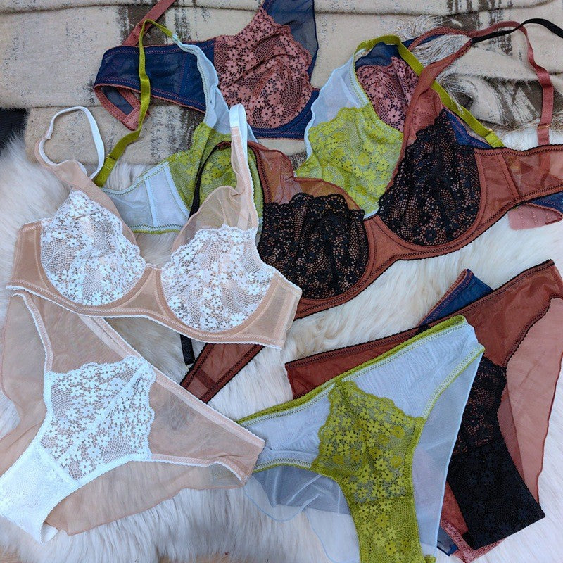 Cross-Border Hot-Selling French Style Sexy Lingerie Ultra-Thin Retro Color-Block Lace Bra Large Bust Minimizer Sexy Lingerie Set