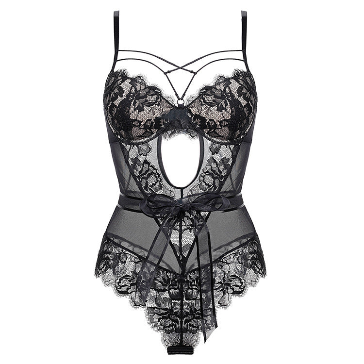 French Style Sexy Bodysuit Temptation Bow Transparent Lace European and American Tight Sexy Jumpsuit