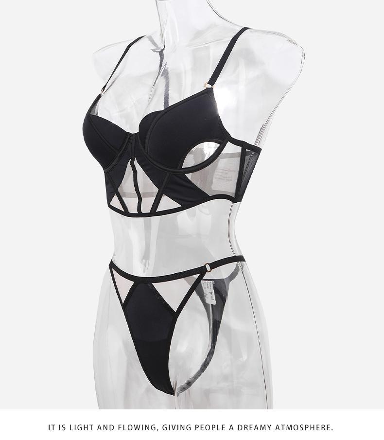 Cross-Border Sexy Lingerie for Women French Style Thin Cotton Smooth Mesh Fishbone Bra Set for Large Bust Minimizing Anti-Sagging Bra Set