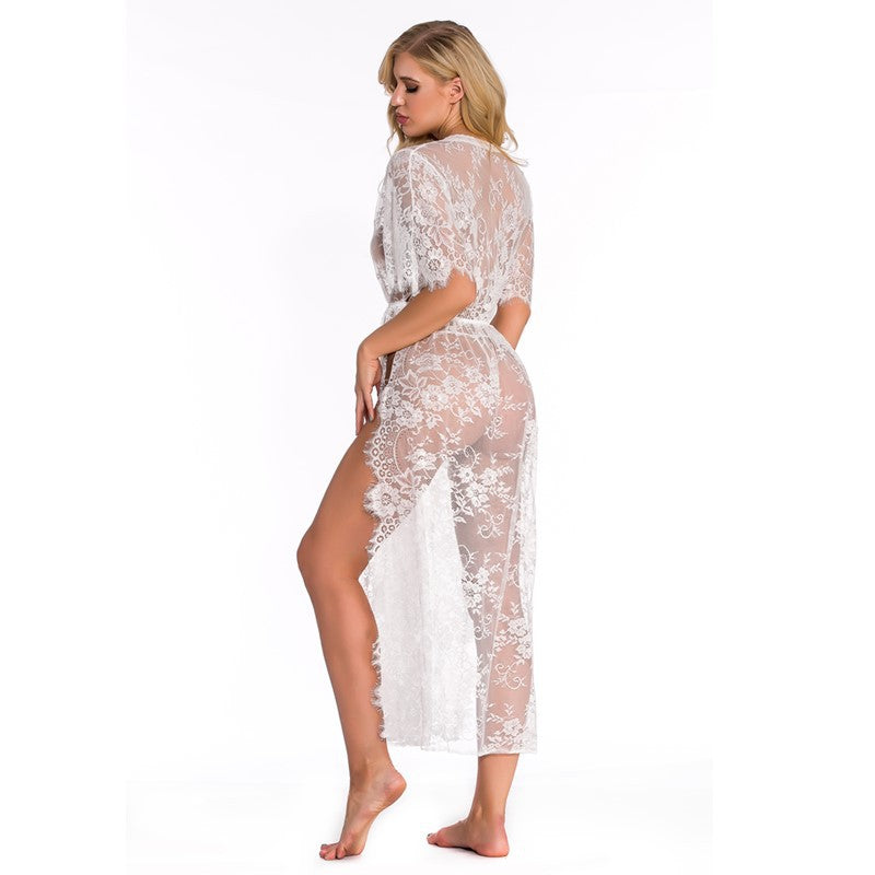 European and American Foreign Trade Women's Sexy Lingerie Long Lace Dress V Collared Three-quarter Sleeve Sexy Nightgown AliExpress Source Robe