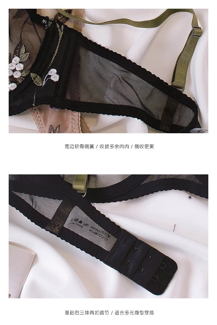 European and American Cross-Border Sexy Lingerie French Pure Desire Ultra-Thin See-Through Mesh Embroidery Underwire Push-Up Erotic Lingerie Set