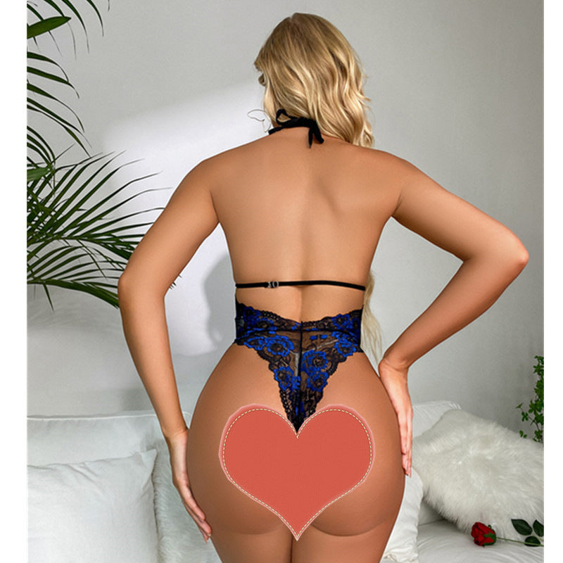 Cross-border New European and American Lace Patchwork Mesh See-through Sexy Triangle-style Erotic Bodysuit In Stock for Dropshipping