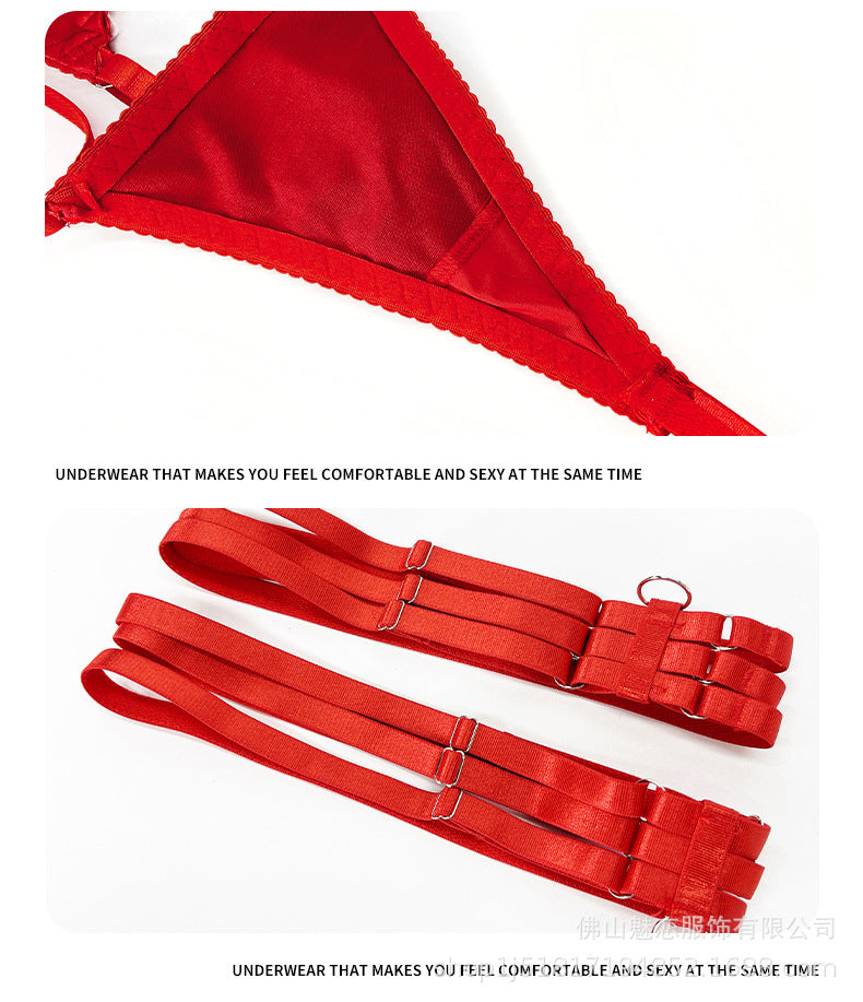 Cross-Border Foreign Trade Hot-Selling Sexy Lingerie Satin Patchwork Mesh See-Through Bodycon Tassel Erotic Lingerie Women's Five-Piece Set