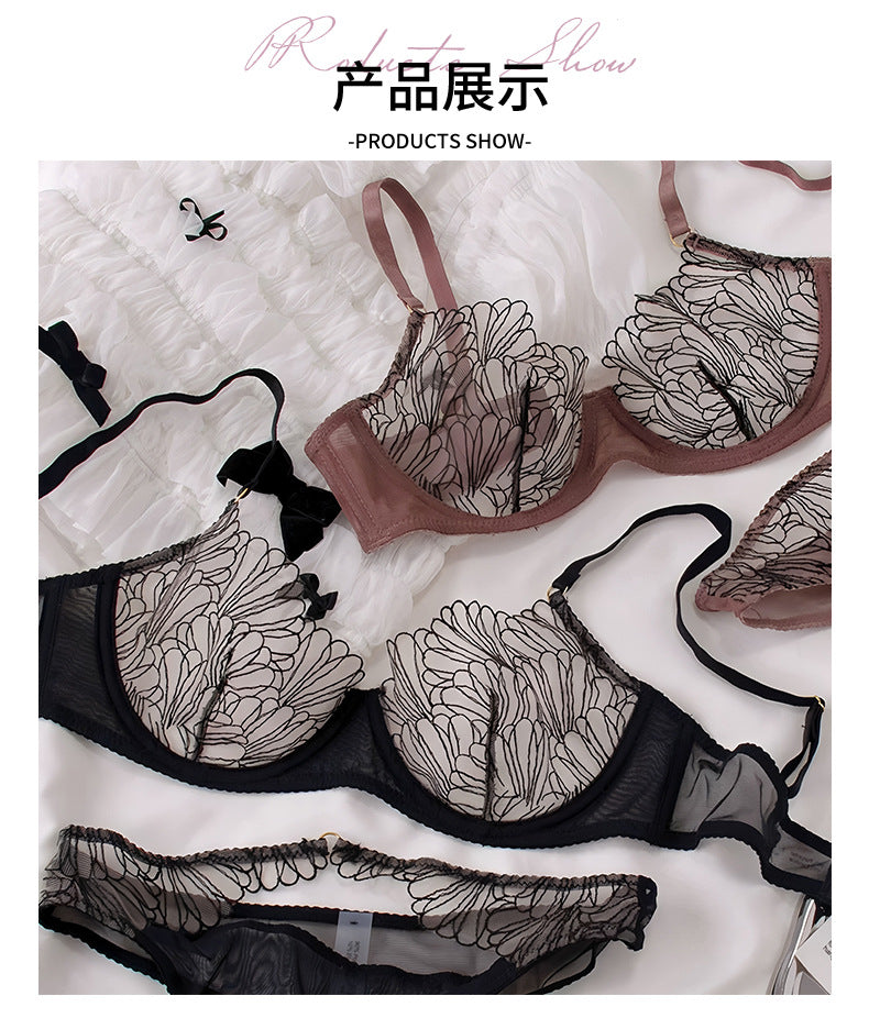 European and American French Style Sexy Lingerie for Women, Ultra-Thin Sheer Mesh, Large Bust Minimizer, Anti-Sagging Lace Bra Set