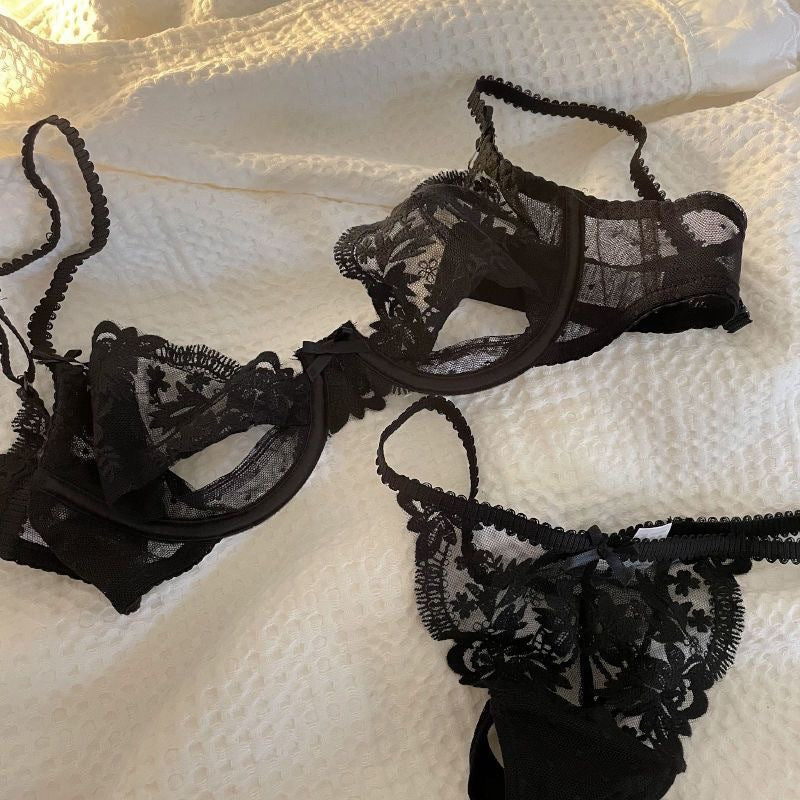 French Style Sexy Lingerie Ultra-Thin See-Through Pure Desire Floral Lace Lingerie Set Large Bust Minimizer Anti-Sagging Bra