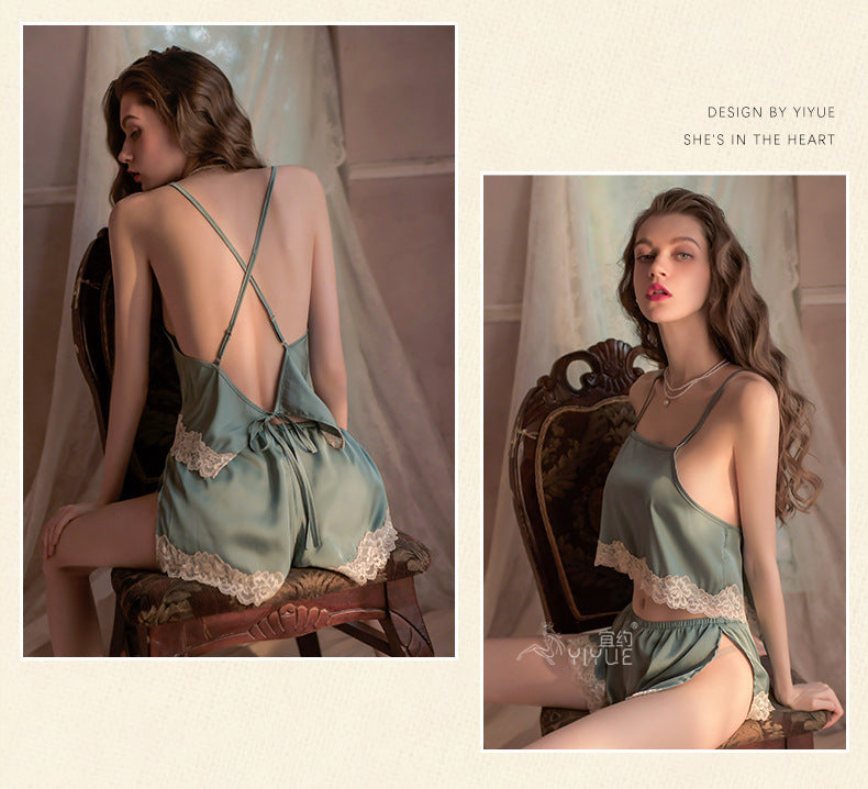 Yiyue New Sexy Camisole Nightdress Thin Lace See-through Temptation Camisole Shorts Women's Homewear Set8317