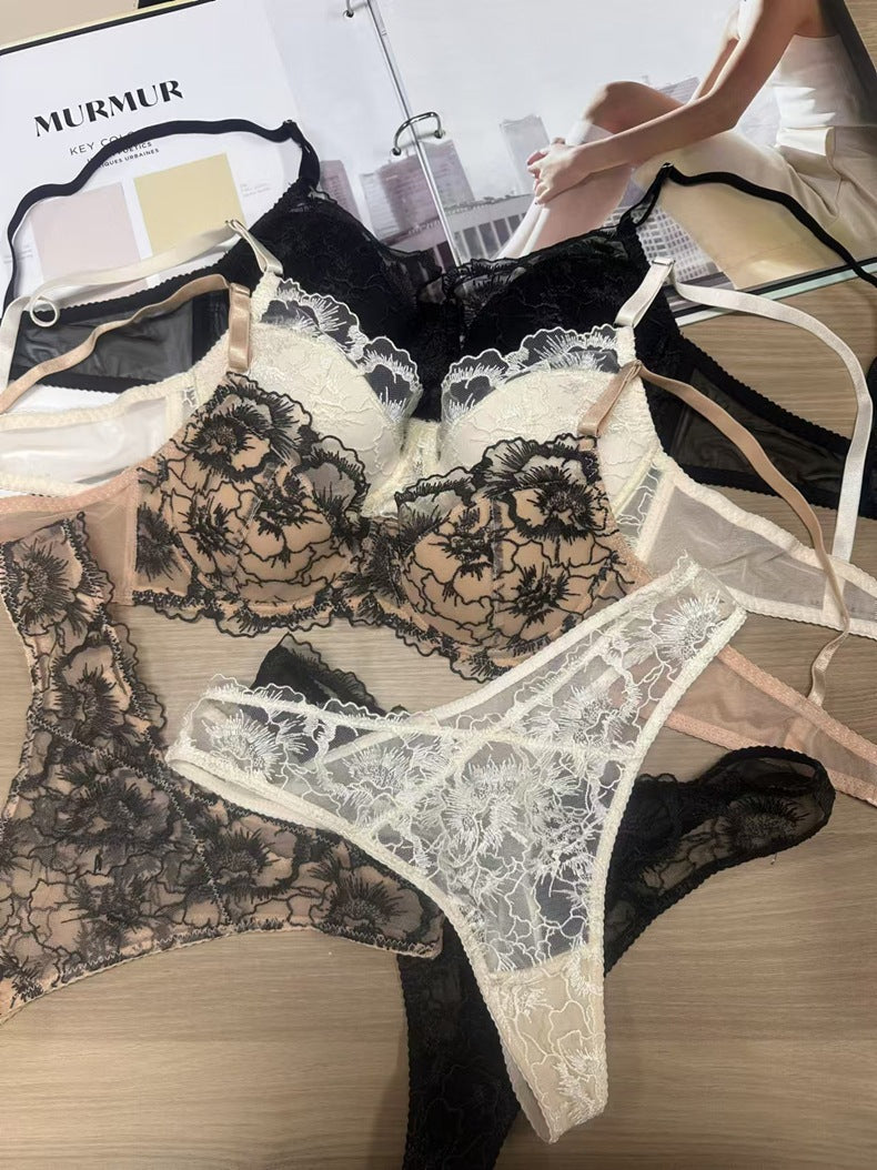 European and American Cross-Border New Sexy Lingerie Thin Jacquard Embroidery Lace Bra Large Bust Minimizer Plus Size French Lingerie