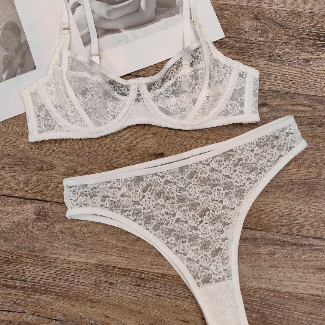 European and American French Style Sexy Lingerie for Women Ultra-thin See-through Lace Bra Set Large Bust Minimizer Anti-sagging Bra