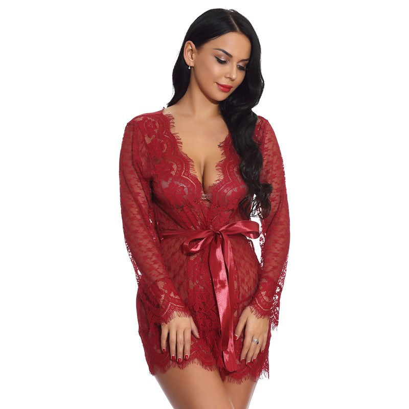 Autumn New Cross-Border Sexy Lingerie Temptation Mesh Nightdress Lace Transparent Women's Long Dress Homewear