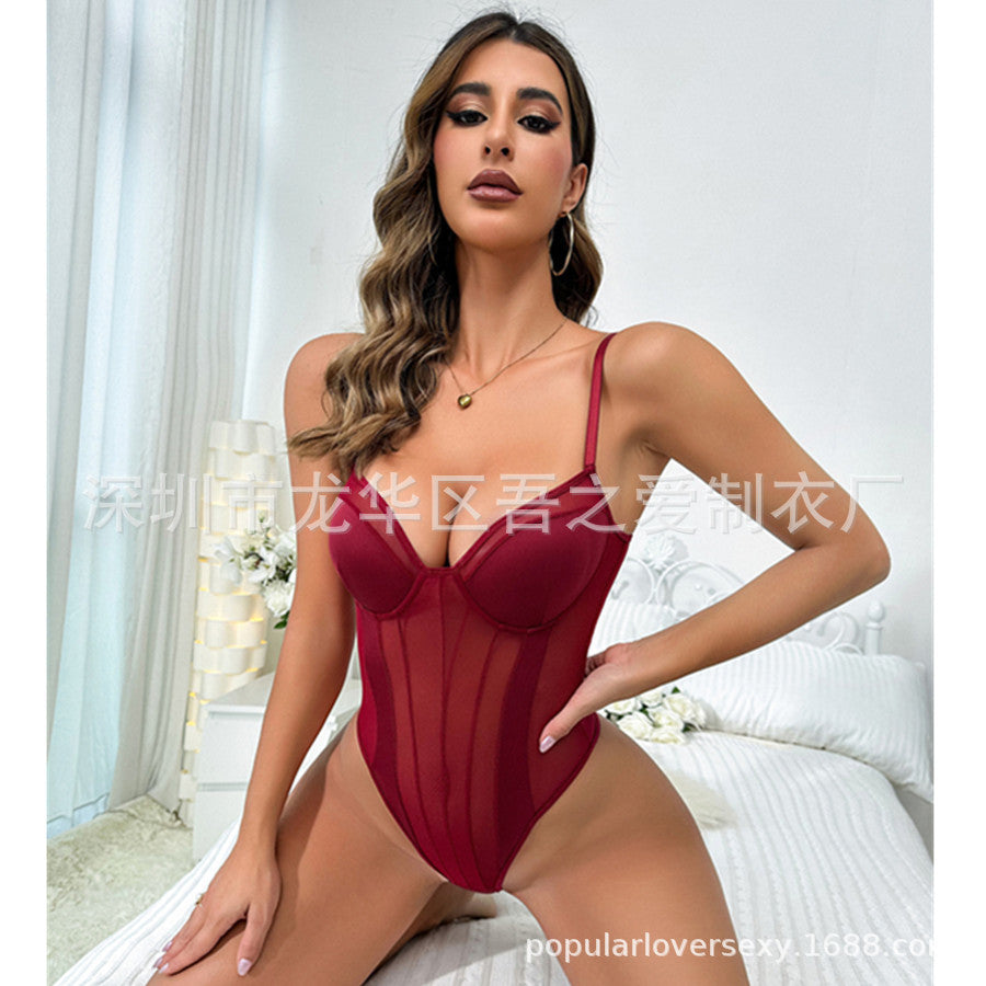 Cross-border New Mesh See-through Sexy Hollow Out Erotic Bodysuit Satin Patchwork Deep V Lightweight Underwear with Underwire