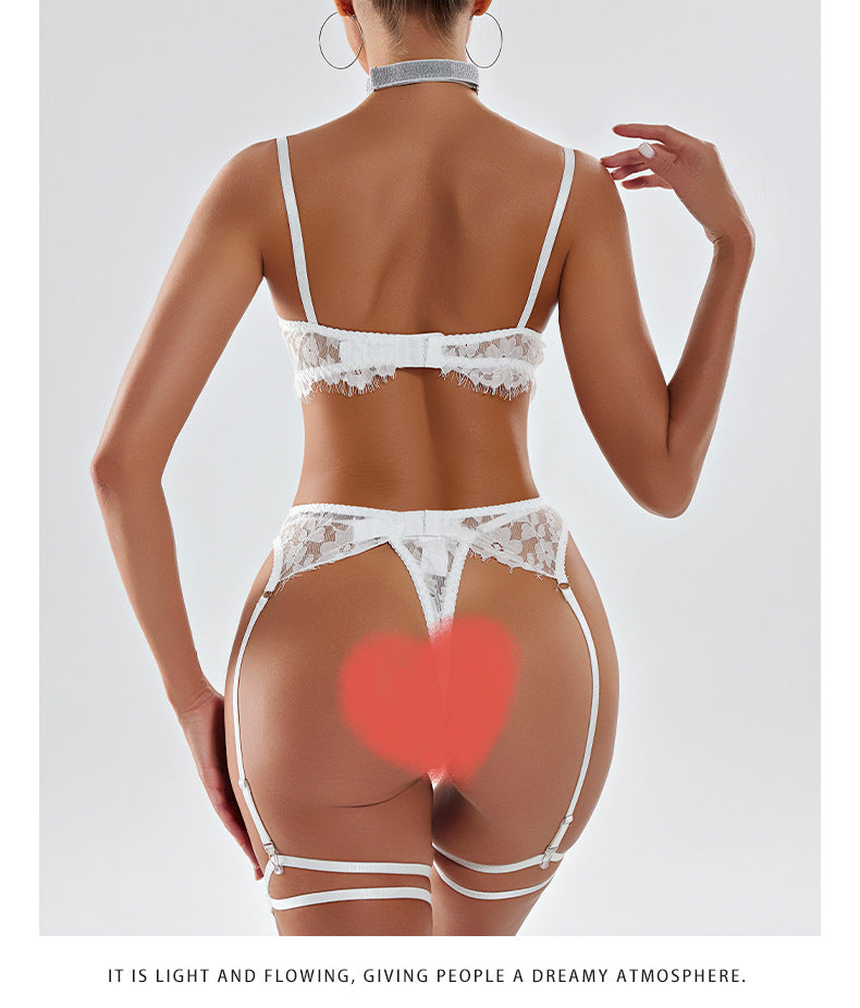Amazon European and American French Style Sexy Lingerie Women's Ultra-Thin Embroidered Lace See-Through Temptation Thong Five-Piece Set