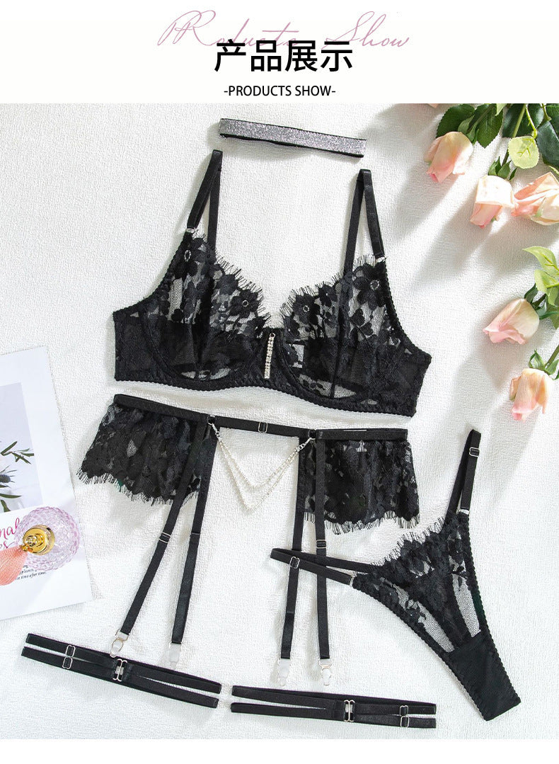 European and American Hot-Selling Sexy Lingerie for Women with Embroidered Eyelash Edge, Rhinestone Neck Ring, Garter Belt, Bra, and Five-Piece Set