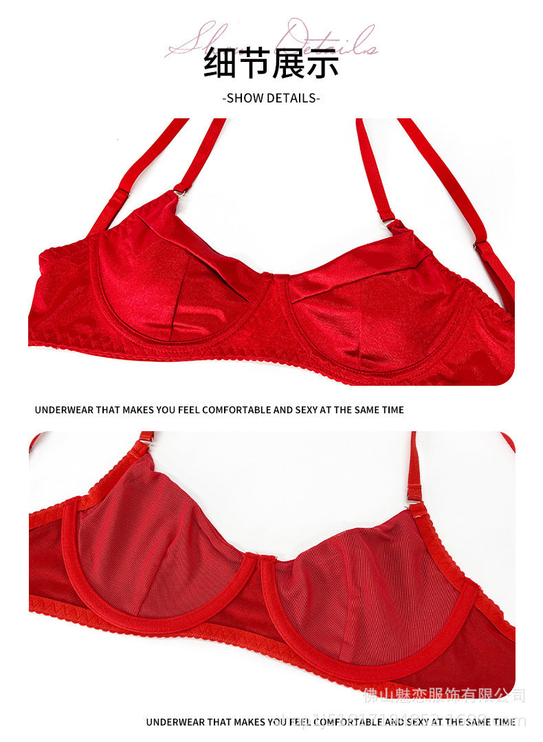 Amazon Foreign Trade Sexy Lingerie Women's Satin Patchwork Mesh See-through Bodycon Skirt Thong Five-piece Set